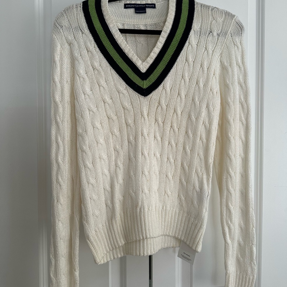 RALPH LAUREN SPORT Cream V-Neck Sweater with Green and Black Accents